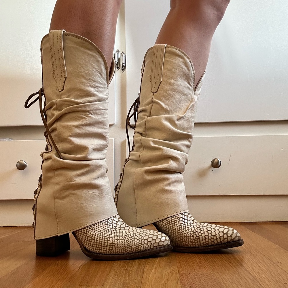 Freebird Cream Heeled Boots with Western Style